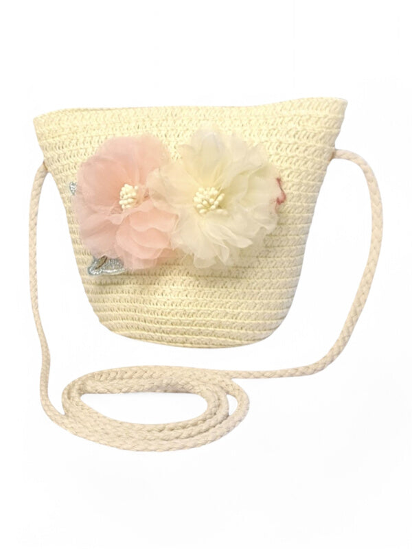 GIRLS STRAW SLING BAG - Flowers - CREAM - ±11×14×8 Cm
