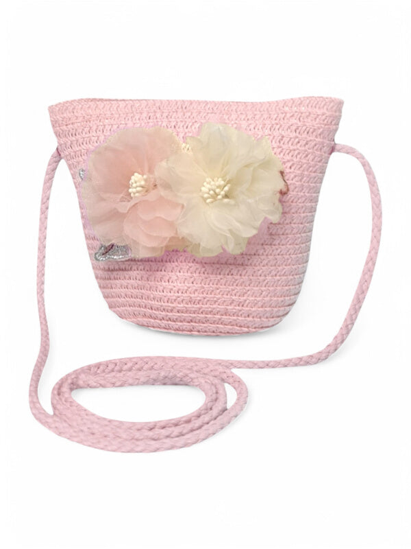 GIRLS STRAW SLING BAG - Flowers - PINK - ±11×14×8 Cm