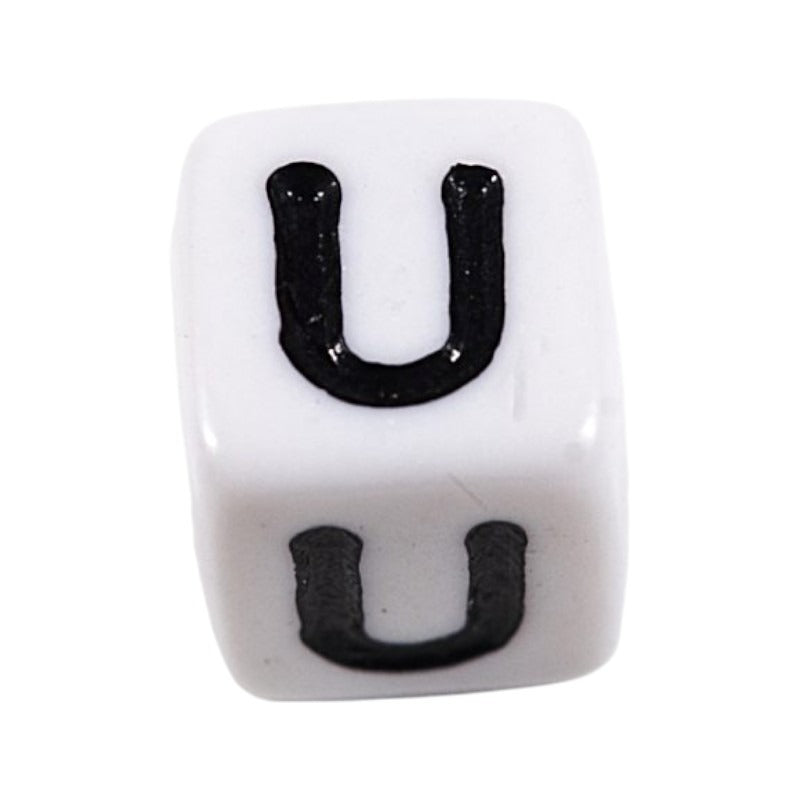 Letter 'U' Alphabet Cube Plastic White Letter Beads - 6 mm x 6 mm, Hole 3.5 mm, 100 g ±600-Piece
