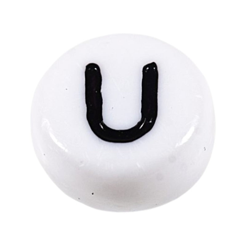 Letter 'U' Alphabet Round Plastic White Letter Beads - 7 mm x 4 mm, Hole 1.2 mm, 100 g ±730-Piece
