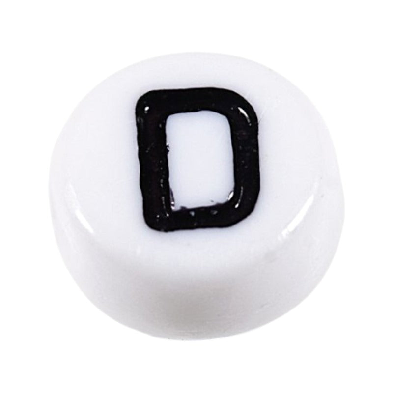 Letter 'D' Alphabet Round Plastic White Letter Beads - 7 mm x 4 mm, Hole 1.2 mm, 100 g ±730-Piece