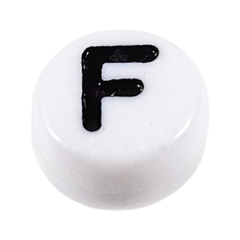 Letter 'F' Alphabet Round Plastic White Letter Beads - 7 mm x 4 mm, Hole 1.2 mm, 100 g ±730-Piece