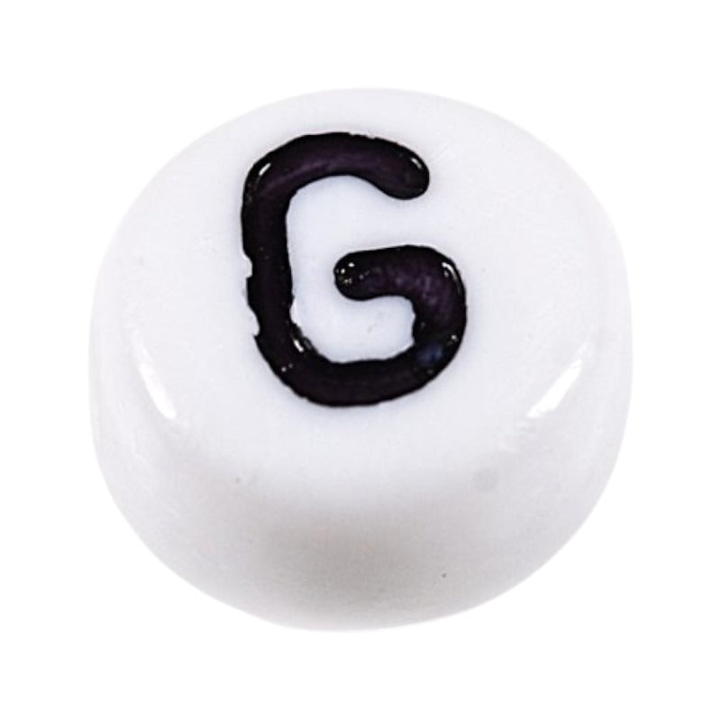 Letter 'G' Alphabet Round Plastic White Letter Beads - 7 mm x 4 mm, Hole 1.2 mm, 100 g ±730-Piece
