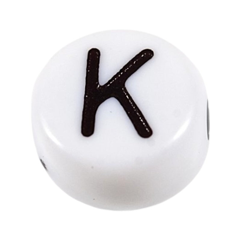 Letter 'K' Alphabet Round Plastic White Letter Beads - 7 mm x 4 mm, Hole 1.2 mm, 100 g ±730-Piece