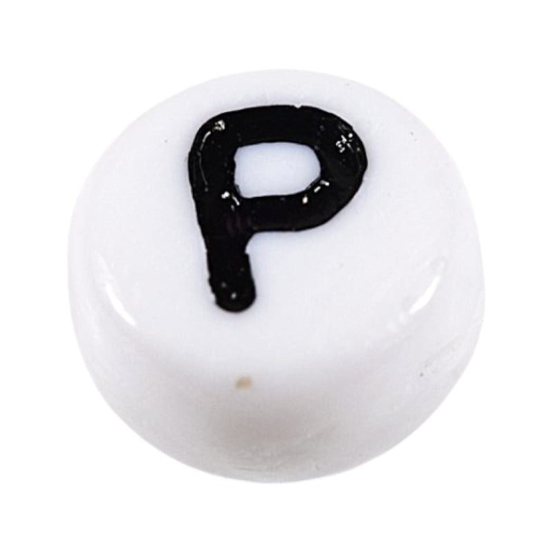Letter 'P' Alphabet Round Plastic White Letter Beads - 7 mm x 4 mm, Hole 1.2 mm, 100 g ±730-Piece