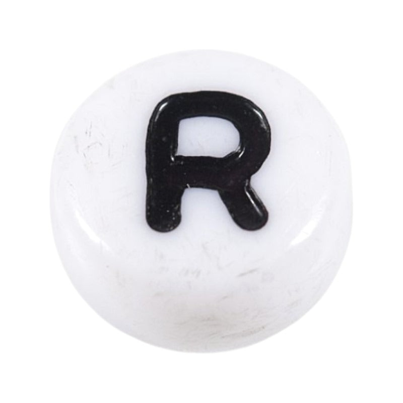 Letter 'R' Alphabet Round Plastic White Letter Beads - 7 mm x 4 mm, Hole 1.2 mm, 100 g ±730-Piece