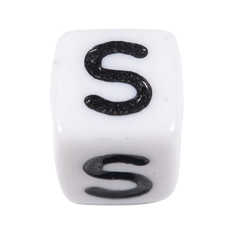 Letter 'S' Alphabet Cube Plastic White Letter Beads - 6 mm x 6 mm, Hole 3.5 mm, 100 g ±600-Piece
