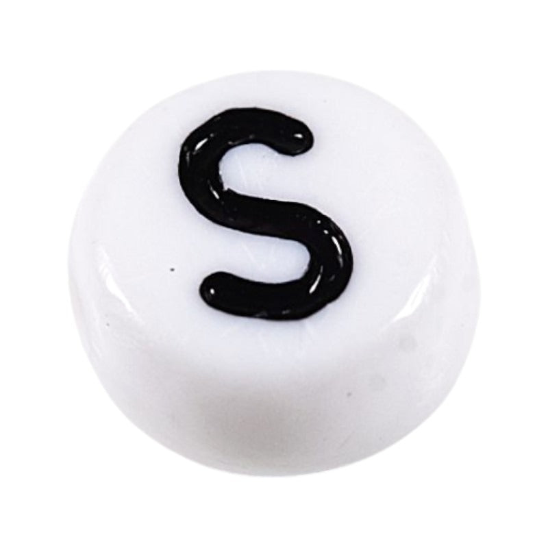 Letter 'S' Alphabet Round Plastic White Letter Beads - 7 mm x 4 mm, Hole 1.2 mm, 100 g ±730-Piece