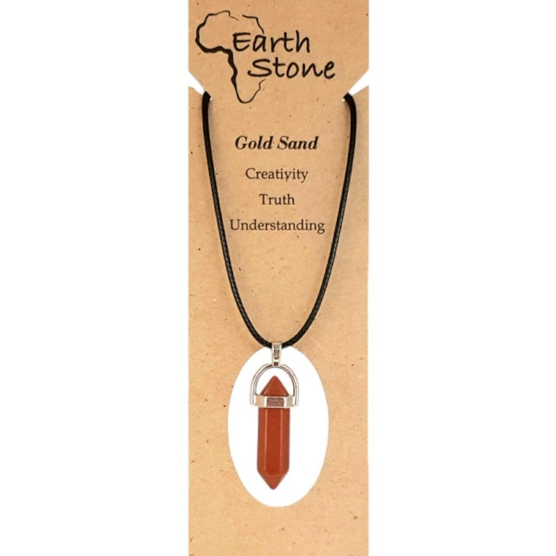 Earth Stone Beads - Golds Sand, Hexagonal Bullet Shaped Pendant On Waxed Cord With Clasp, Design A
