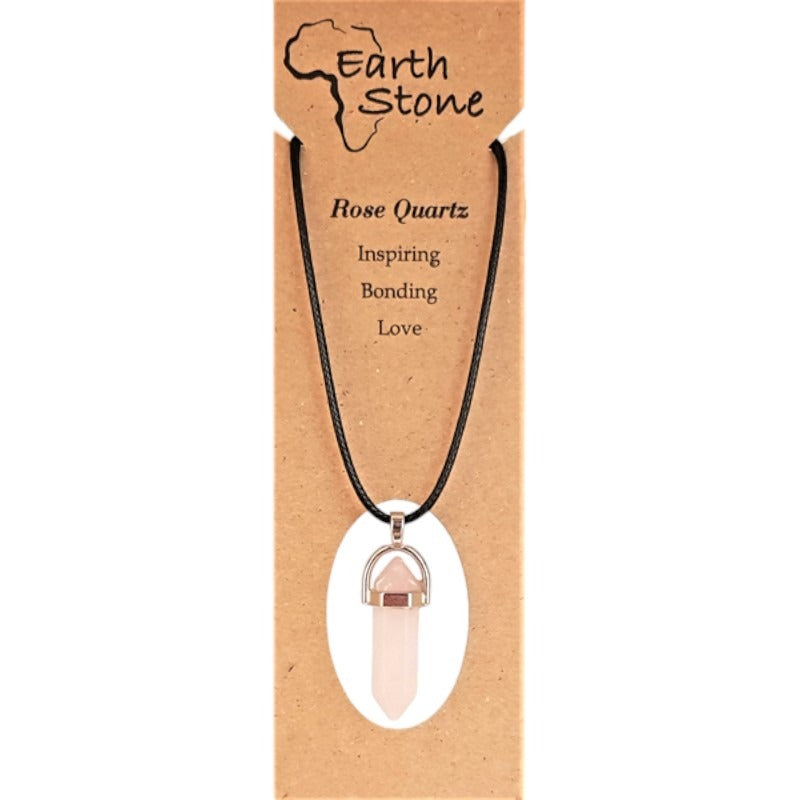 Earth Stone Beads - Roze Quarts, Hexagonal Bullet Shaped Pendant On Waxed Cord With Clasp, Design A