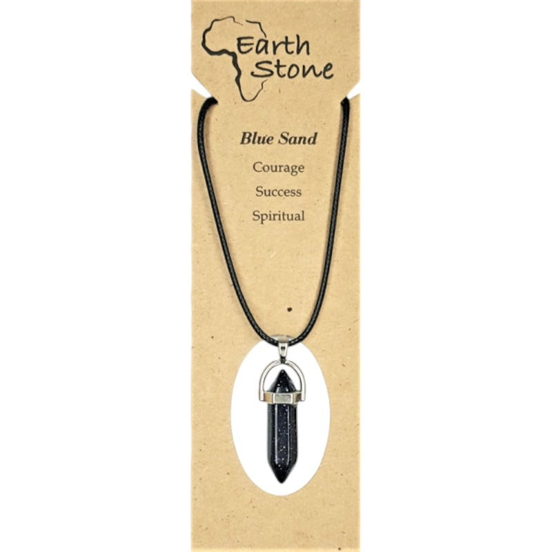 Earth Stone Beads - Blue Sand, Hexagonal Bullet Shaped Pendant On Waxed Cord With Clasp, Design A