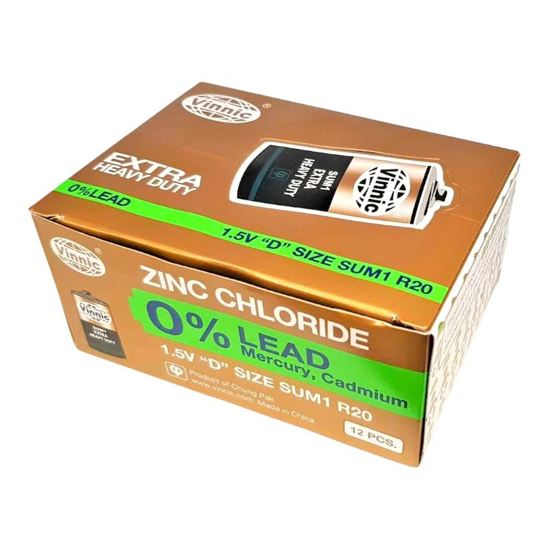 Vinnic Zinc Chloride D Torch Battery 1.5v - Box 12, Size SUM1/R20