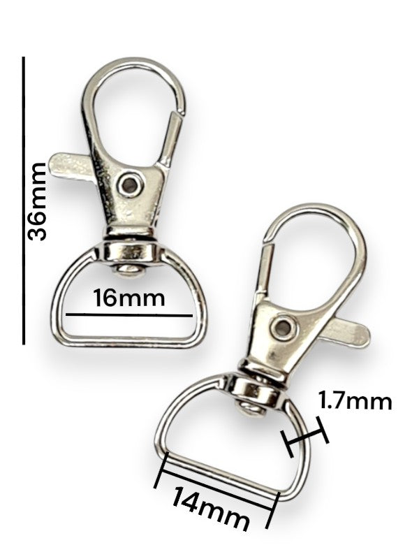 Trigger Snap Hook - Silver, Strap Width ±14 mm, Max ±16 mm, Thickness ±1.7 mm, Height Of Metal Bag Part ±36 mm, ±20-Piece (ni