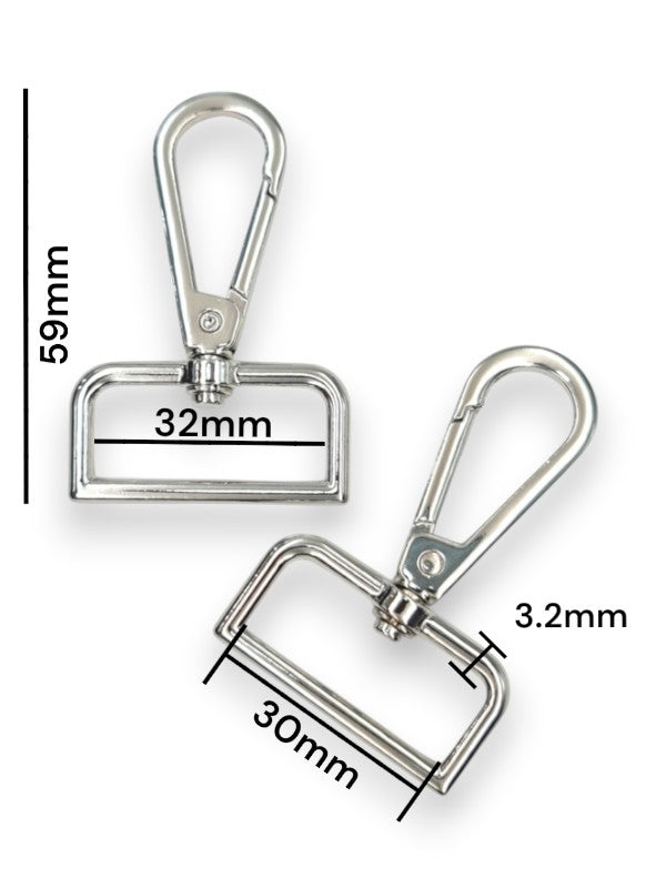 Snap Hook - Silver, Strap Width ±30 mm, Max ±32 mm, Thickness ±3.2 mm, Height Of Metal Bag Part ±59 mm, ±5-Piece