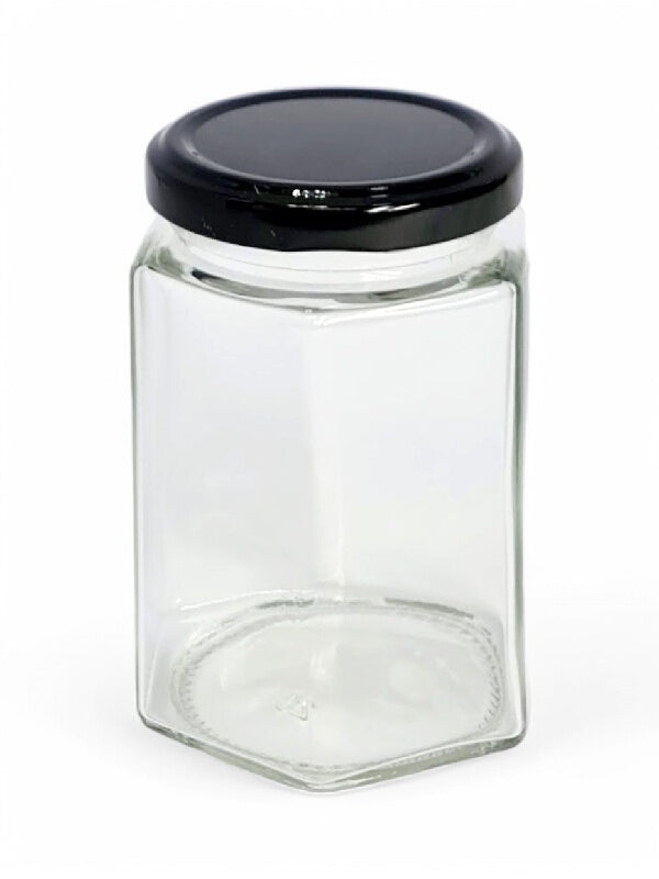 Glass Jar - Metal Black Lid, Hexagon, 280 ml, ±100×75 mm