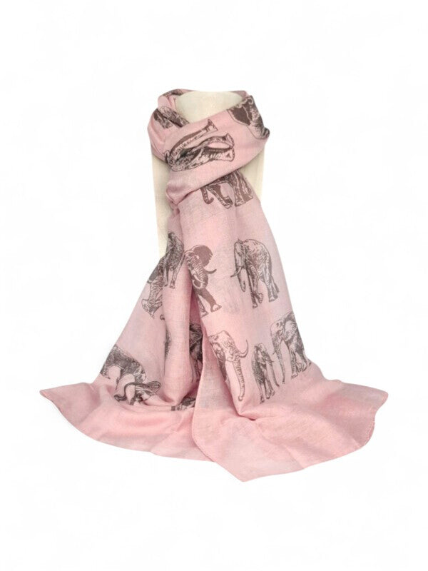 Cotton Road Scarf With Elephants - Light Pink, 180×65 cm
