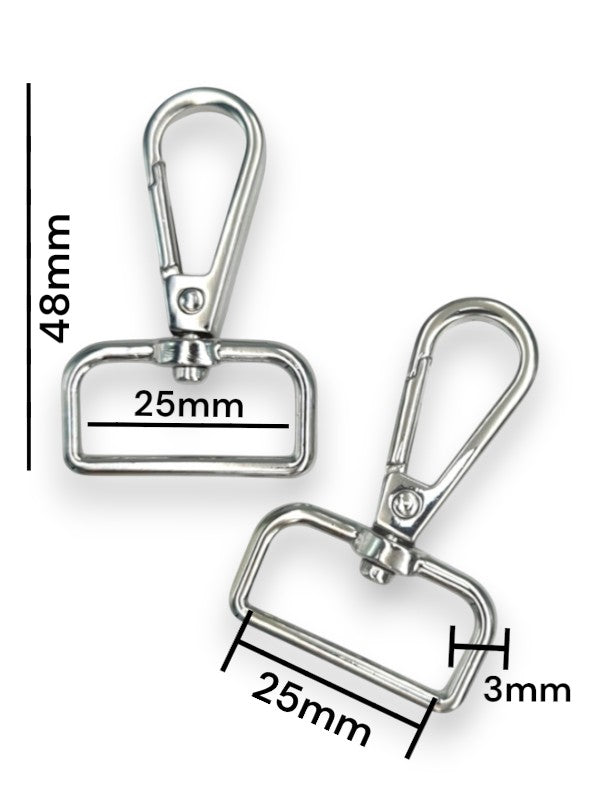 Snap Hook - Silver, Strap Width ±25 mm, Max ±25 mm, Thickness ±3 mm, Height Of Metal Bag Part ±48 mm, ±5-Piece