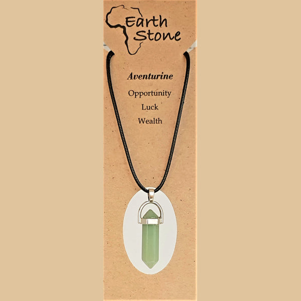 Earth Stone Beads - Aventurine, Hexagonal Bullet Shaped Pendant On Waxed Cord With Clasp, Design A