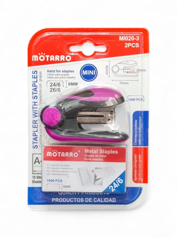 Motarro Stapler With Staples - Pink, Stapler 42x70 mm