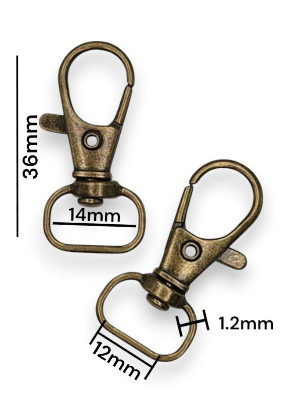 Trigger Snap Hook - Antique Brass, Strap Width ±12 mm, Max ±14 mm, Thickness ±1.2 mm, Height Of Metal Bag Part ±36 mm, ±40-Pi