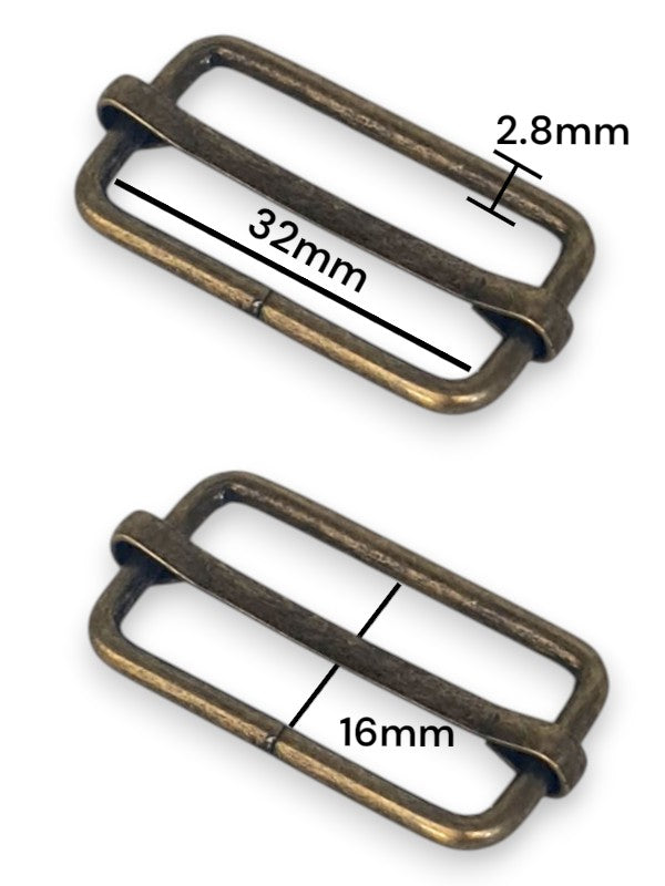 Slider - Antique Brass, Inside: Width 32 mm, Height 16 mm, Thickness 2.8 mm, ±50-Piece