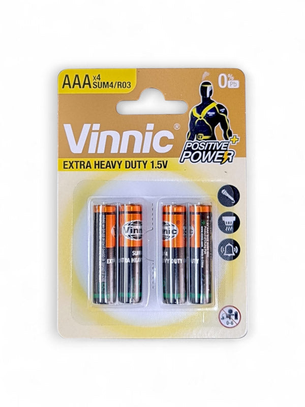 Vinnic Zinc Chloride AAA Battery 1.5v - Card 4, Size SUM4/R03