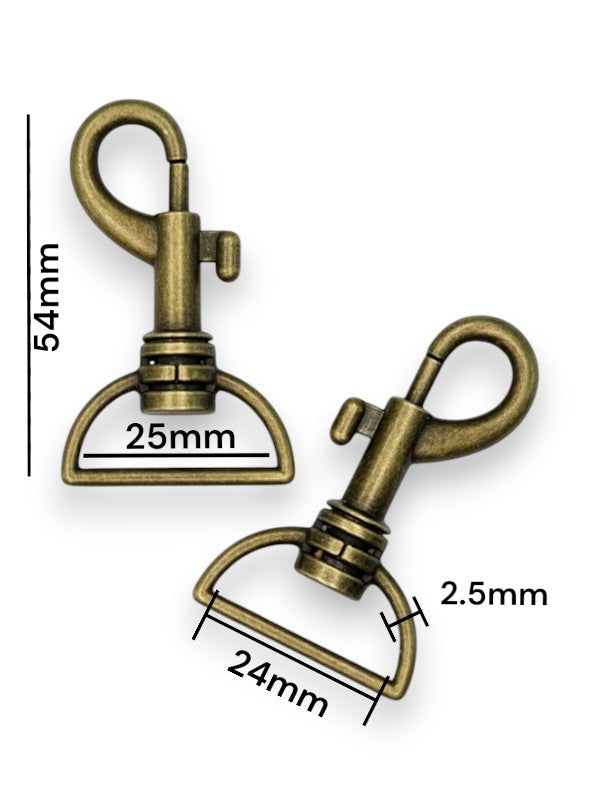 Trigger Snap Hook - Antique Brass, Strap Width ±24 mm, Max ±25 mm, Thickness ±2.5 mm, Height Of Metal Bag Part ±54 mm, ±10-Pi