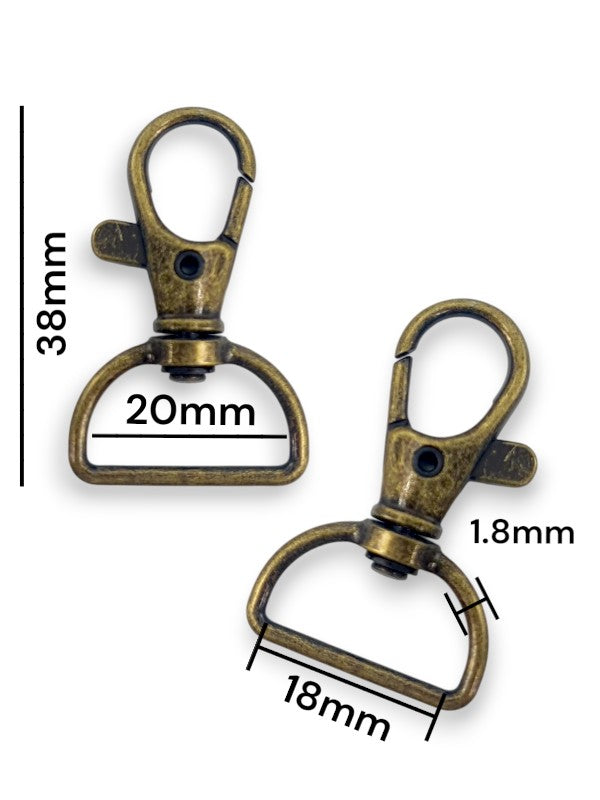 Trigger Snap Hook - Antique Brass, Strap Width ±18 mm, Max ±20 mm, Thickness ±1.8 mm, Height Of Metal Bag Part ±38 mm, ±20-Pi