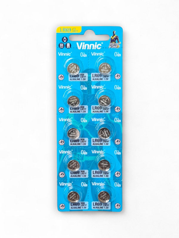 Vinnic Alkaline 1.5v Cell Battery - Equivalent For Lr69 / Ag6, Size 9.5x2.1 mm