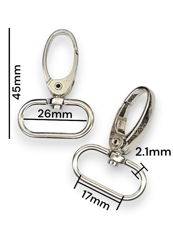 Snap Hook - Silver, Strap Width ±17 mm, Max ±26 mm, Thickness ±2.1 mm, Height Of Metal Bag Part ±45 mm, ±10-Piece (base Mater
