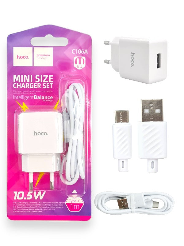 Hoco C106a - Type C Cable And Charger, 10.5w Max, 1 m Cable, White