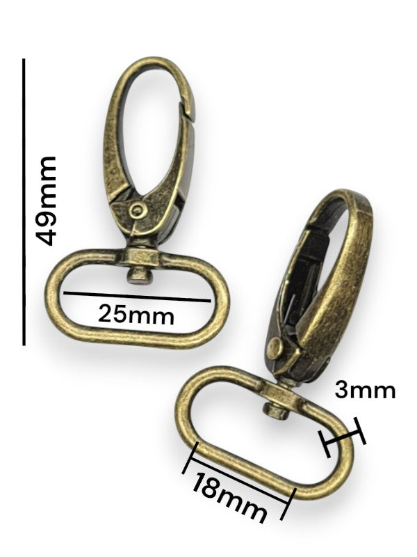 Snap Hook - Antique Brass, Strap Width ±18 mm, Max ±25 mm, Thickness ±3 mm, Height Of Metal Bag Part ±49 mm, ±10-Piece (base