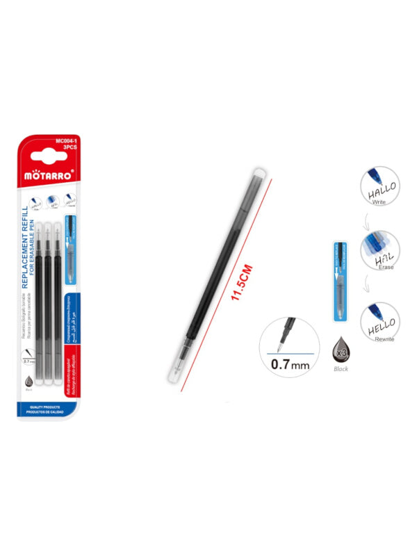 Motarro Pen Refill For Erasable Pen - Black, 0.7 mm, 3-Piece