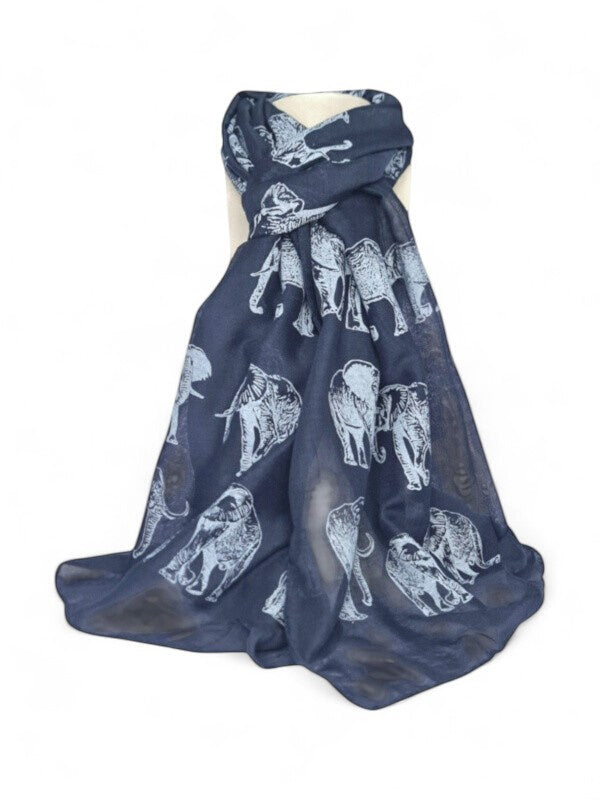 Cotton Road Scarf With Elephants - Navy Blue, 180×65 cm