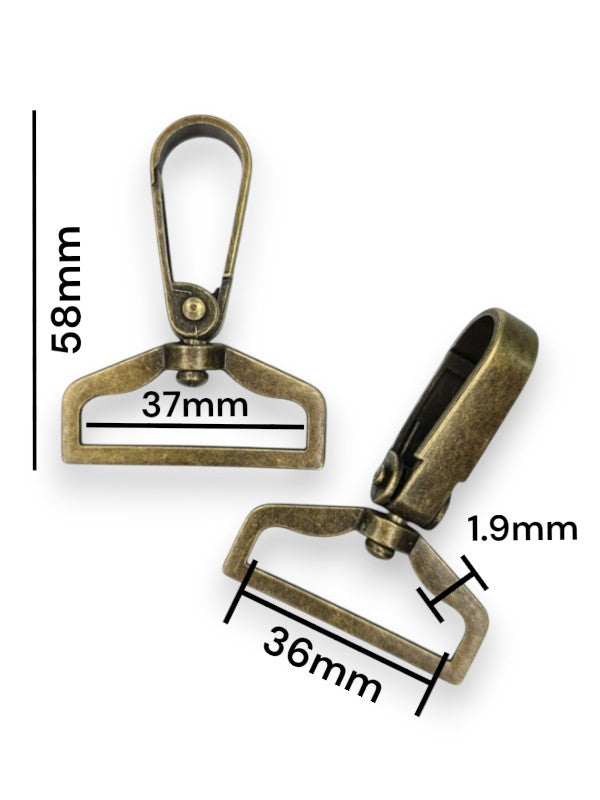Snap Hook - Antique Brass, Strap Width ±36 mm, Max ±37 mm, Thickness ±1.9 mm, Height Of Metal Bag Part ±58 mm, ±5-Piece (base