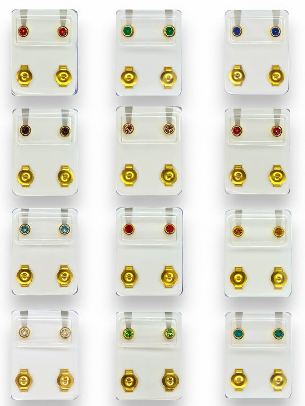 Sterilized Stainless STEEL EAR Piercing STUDS - Regular - GOLD Plated - MIXED Birthstones