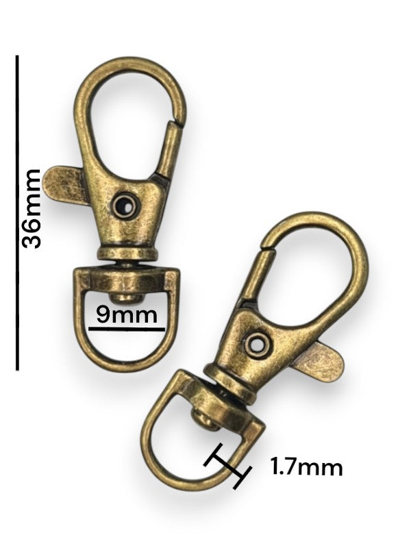 Trigger Snap Hook - Antique Brass, Strap Width ±9 mm, Max ±9 mm, Thickness ±1.7 mm, Height Of Metal Bag Part ±36 mm, ±20-Piec