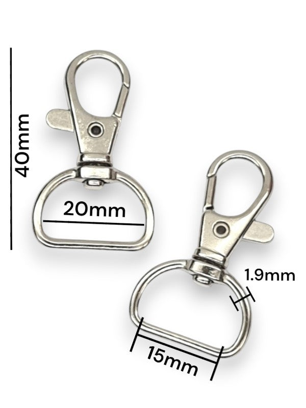 Trigger Snap Hook - Silver, Strap Width ±15 mm, Max ±20 mm, Thickness ±1.9 mm, Height Of Metal Bag Part ±40 mm, ±20-Piece
