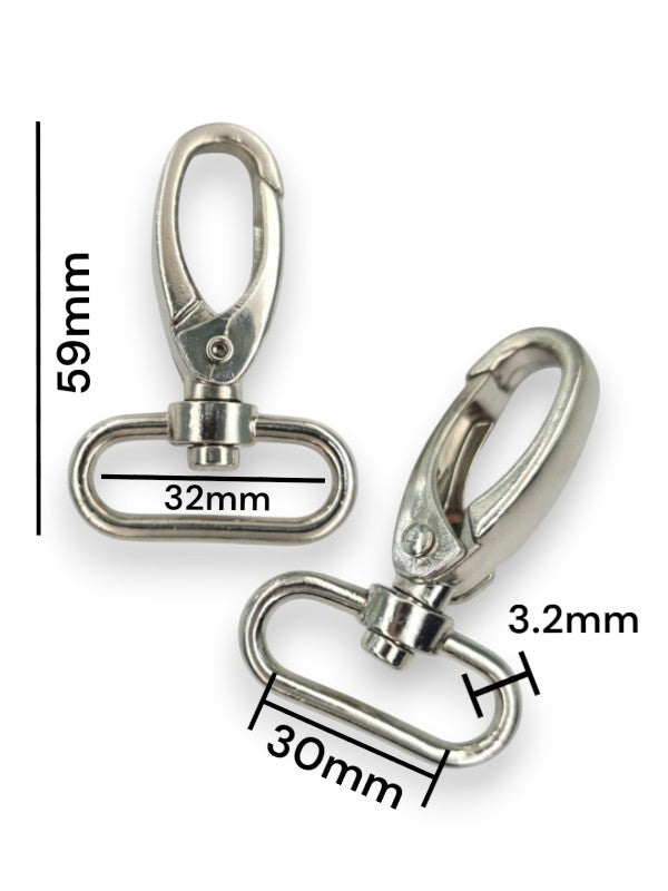 Snap Hook - Silver, Strap Width ±30 mm, Max ±32 mm, Thickness ±3.2 mm, Height Of Metal Bag Part ±59 mm, ±5-Piece