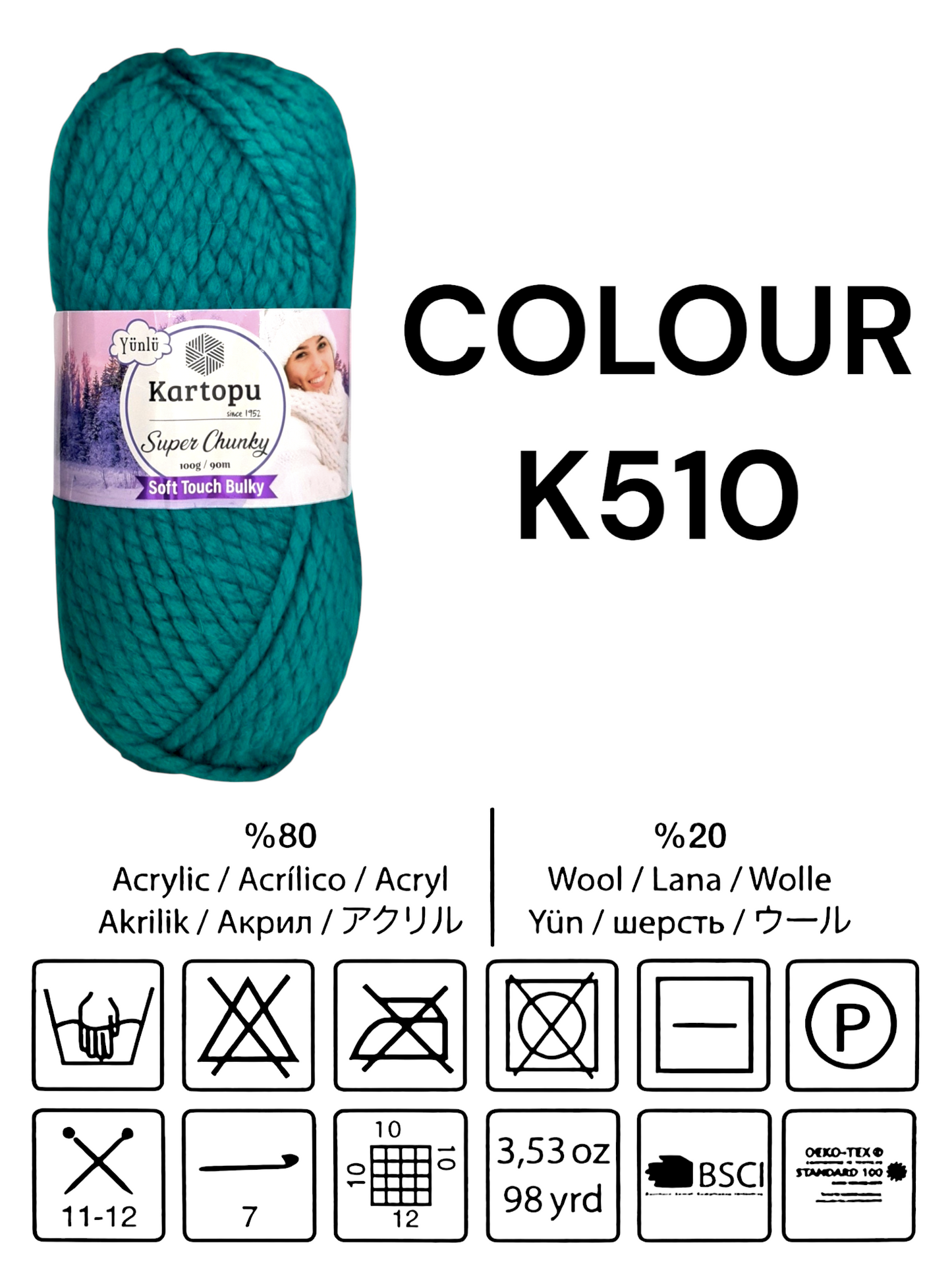 Kartopu Wool - Super Chunky, Soft Touch And Bulky, Kartopu, 100 g / 90 m, 80% Acrylic 20% Wool - Image 2
