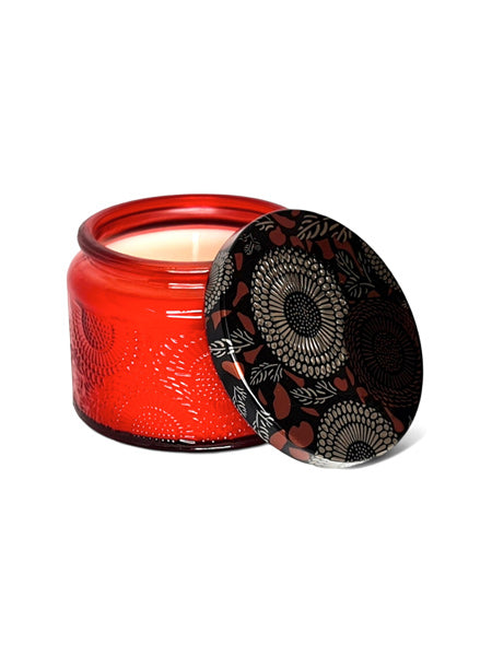 Scented Candle In Glass Jar With Patterned Tin Lid - Red Jar - Image 2