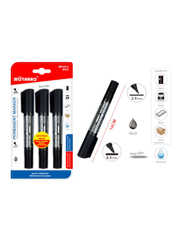 Motarro Permanent Marker - Double SIDED - BLACK - 6.5 Mm AND 2.5 Mm - 3-Piece (MC033 - 2)