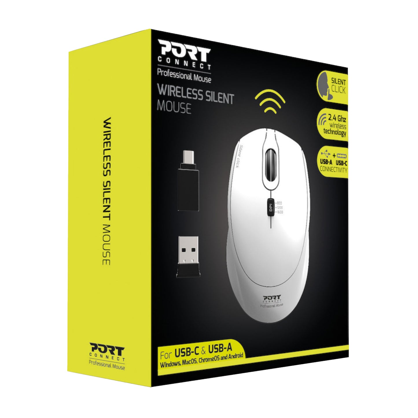 Port Connect Silent 1600DPI 3 Button Wireless Mouse - White - alternate product view 4