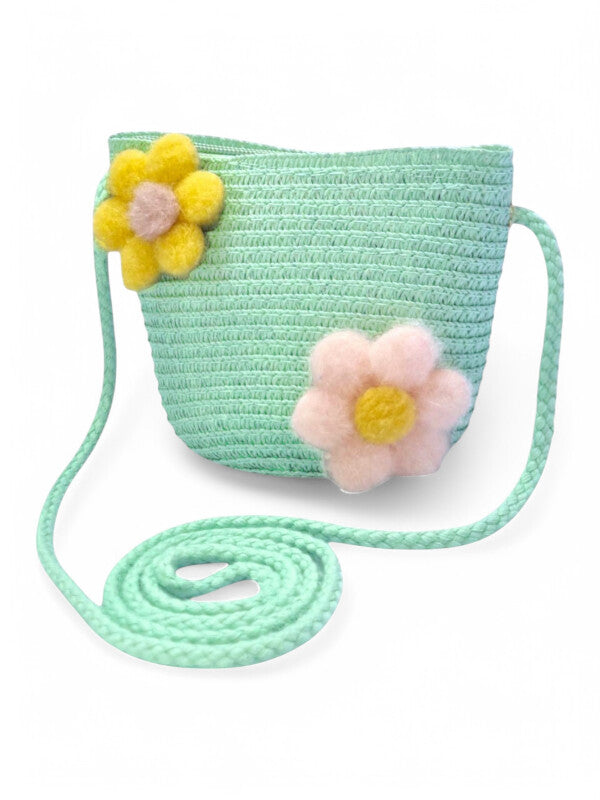 GIRLS STRAW SLING BAG - Flowers - BLUE - ±11×14×8 Cm