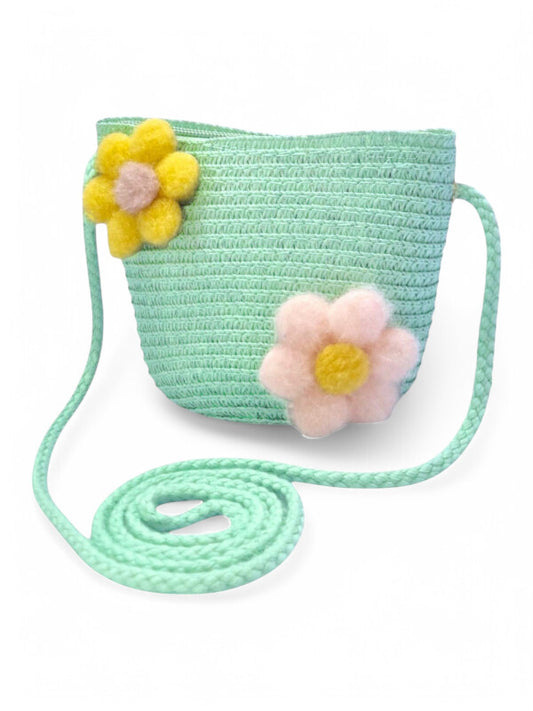 GIRLS STRAW SLING BAG - Flowers - BLUE - ±11×14×8 Cm