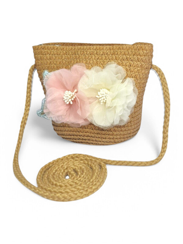 GIRLS STRAW SLING BAG - Flowers - CAMEL - ±11×14×8 Cm