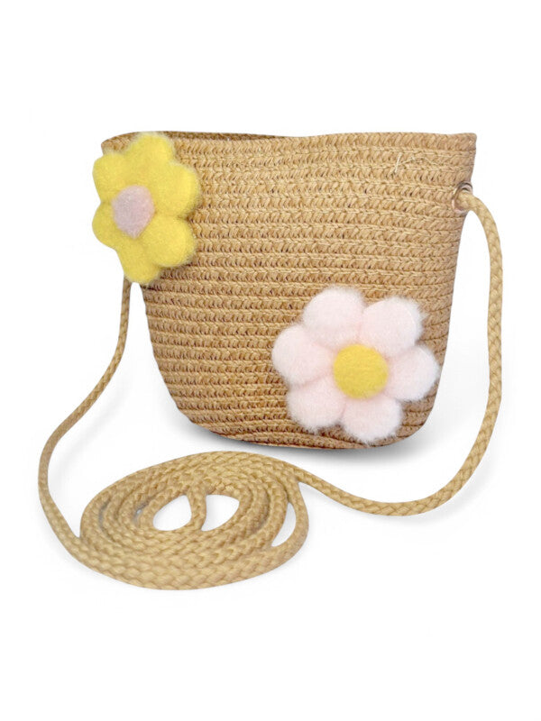 GIRLS STRAW SLING BAG - Flowers - CAMEL - ±11×14×8 Cm