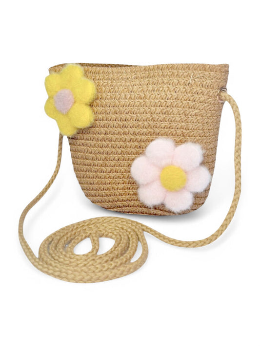 GIRLS STRAW SLING BAG - Flowers - CAMEL - ±11×14×8 Cm