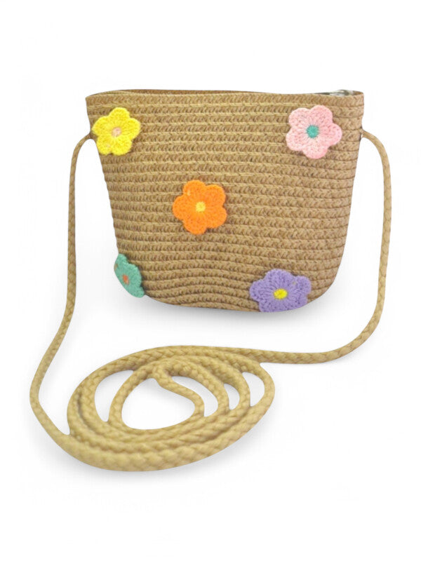 GIRLS STRAW SLING BAG - Flowers - CAMEL - ±11×14×8 Cm