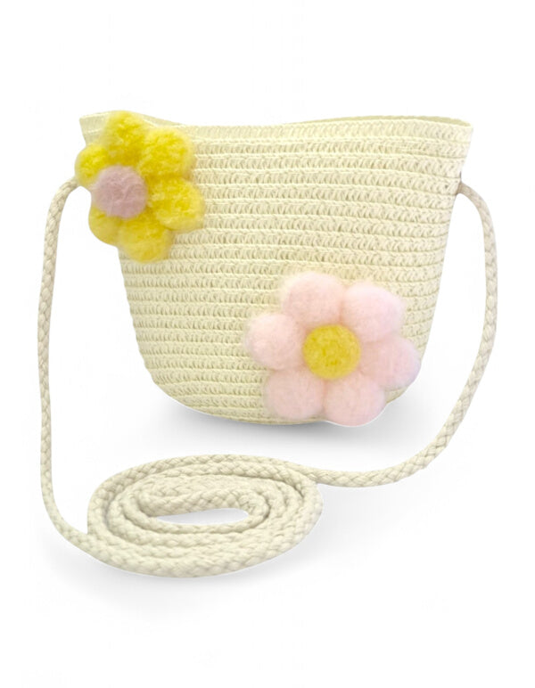 GIRLS STRAW SLING BAG - Flowers - CREAM - ±11×14×8 Cm